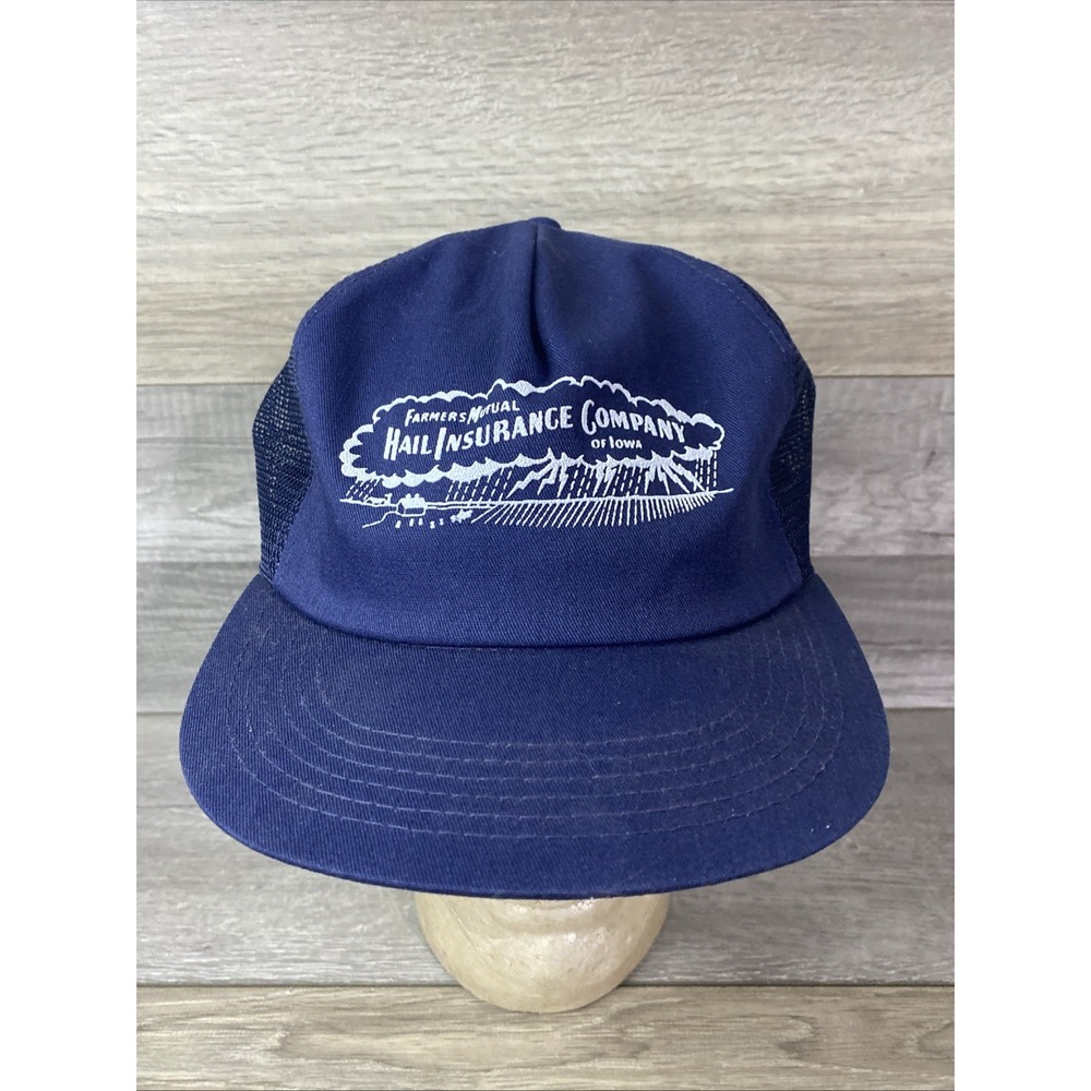 Vintage K-Products Farmers Mutual Hail Insurance Iowa Trucker Hat Navy Blue USA